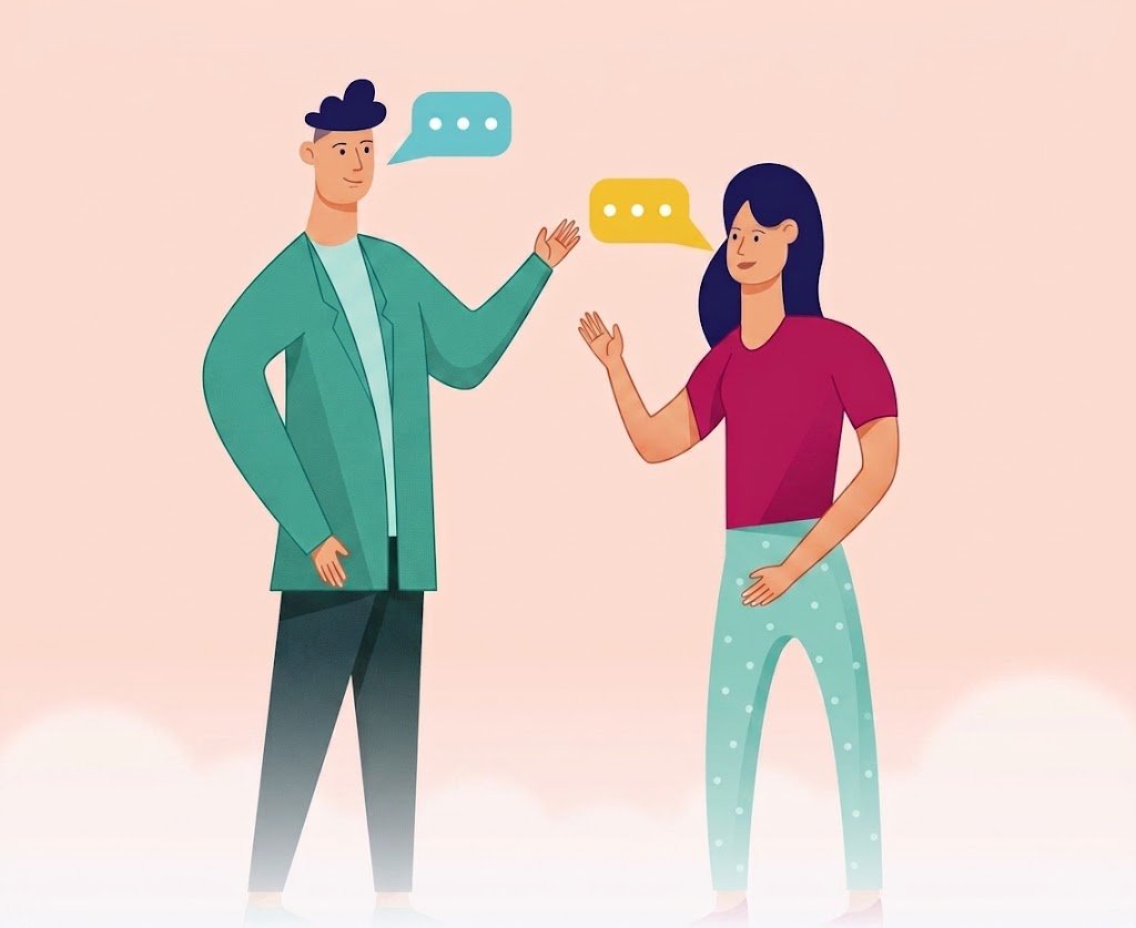 Duas pessoas se comunicando com balões de fala coloridos entre elas.