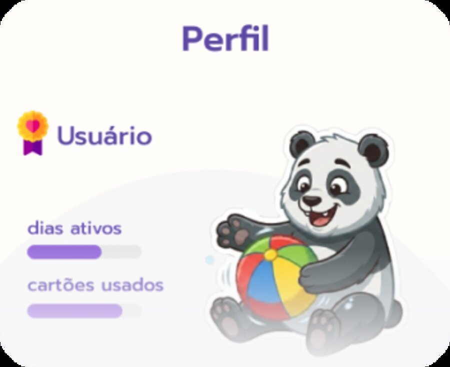 Tela de perfil mostrando dias ativos e cartões usados.